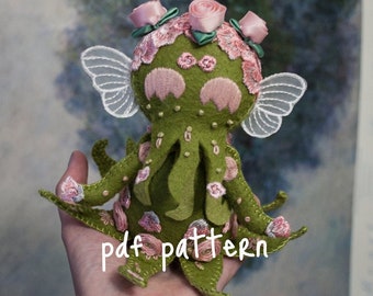 cthuwu felt doll sewing pattern, pdf with instructions, diy craft, tentacle monster plushie, tutorial