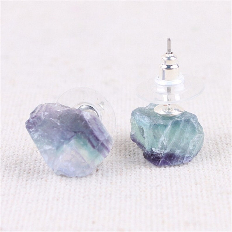 Natural Fluorite Stud Earrings Fluorite Earrings Raw Crystal Etsy