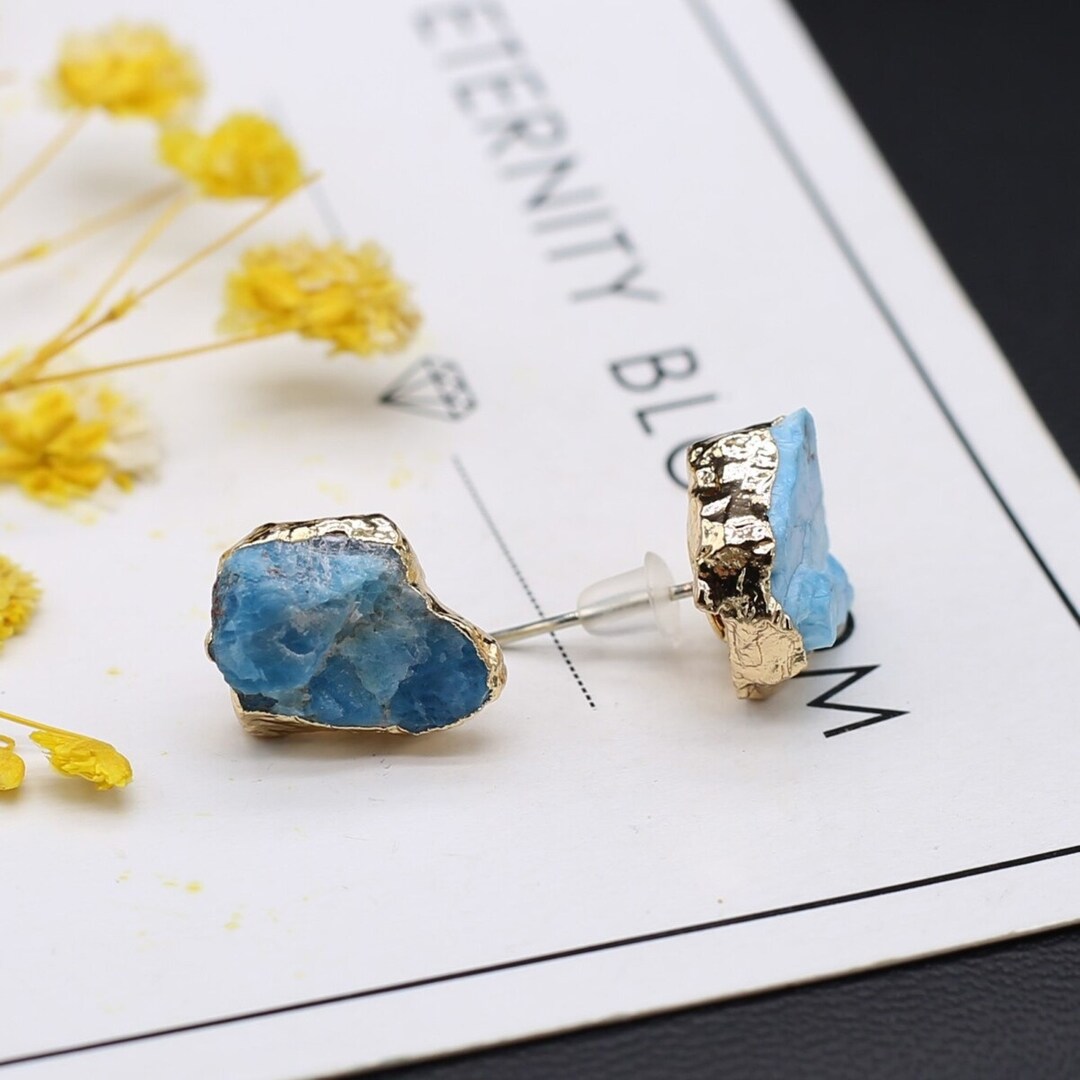 Natural Apatite Stud Earrings Irregular Earrings Wedding Raw Etsy