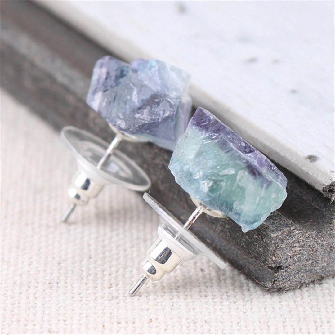 Natural Fluorite Stud Earrings Fluorite Earrings Raw Crystal Etsy