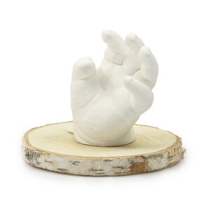 May include: A white plaster hand cast on a wooden base. The hand is in a relaxed position with the fingers slightly curled.