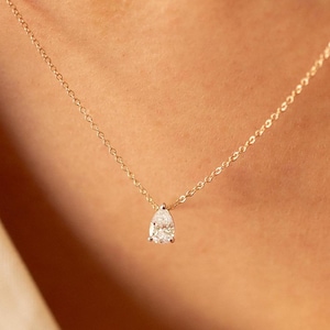 14k gold Pear Cut Diamond Solitaire Necklace / Lab Diamond Pendant