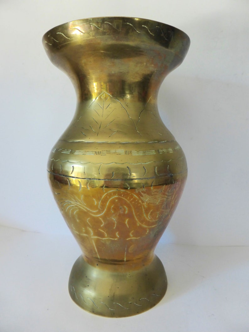 Oriental Solid Brass Vase Etched Detail Retro Decor Large Etsy