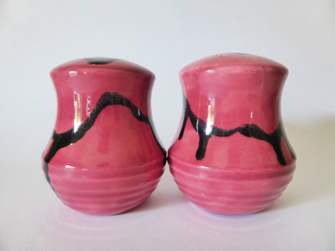 Vintage Pottery Salt and Pepper Shakers Set Pink and Black Etsy