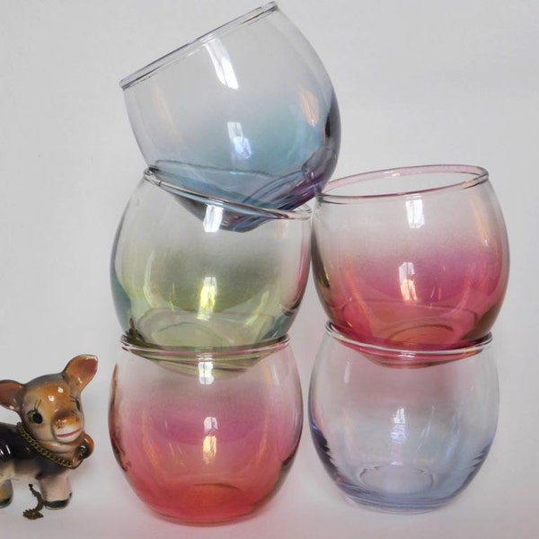 Jahrgang Stemless Harlekin Weingläser ~ Satz von 5 ~ Mitte Jahrhundert ~ Retro Küche ~ Jahrgang Barware ~ Rainbow Gläser ~ Kitsch