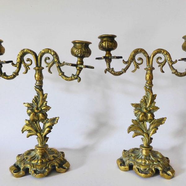 Pair of Vintage Italian Solid Brass 2 Arm Candle Holders, Gold Metal Candlestick Holders, Antique Decor, Candlesticks, Gothic Candelabras