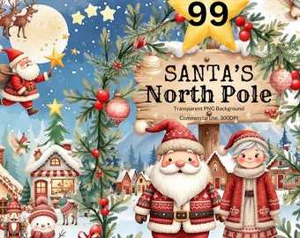 Clipart de Papá Noel en el Polo Norte, Navidad en acuarela, Pueblo navideño de Papá Noel, Invierno acogedor, Tarjeta navideña, Personajes navideños adorables