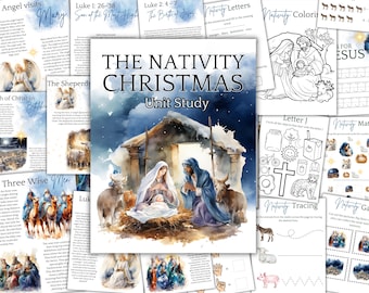 Estudio de unidad sobre la NAVIDAD - Imprimible de Navidad: Nacimiento del Niño Jesús para la educación en casa - Hoja de trabajo para la escuela cristiana con la historia bíblica de Navidad de Adviento