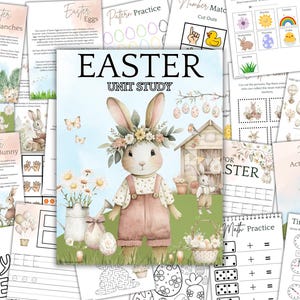 May include: A set of printable Easter activity pages featuring a cute bunny rabbit with a flower crown. The pages include activities such as pattern practice, number matching, Easter egg matching, and more. The pages are perfect for preschool and kindergarten children.