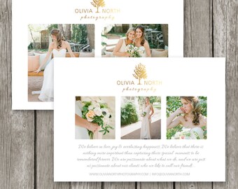 Plantilla de tarjeta de marketing - Tarjeta de promoción de fotografía de boda - Folleto publicitario para fotógrafos - Logotipo de árbol de lámina de oro - MC06