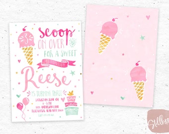 Invitación a la fiesta de cumpleaños del helado - Invitación a la fiesta del helado de la niña - Celebración dulce de la cucharada de helado - Fiesta de cumpleaños de verano en acuarela