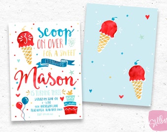 Invitación de helado - fiesta de helado - cumpleaños de helado - invitación de cumpleaños de verano - invitación de fiesta de piscina de helado - invitación azul roja
