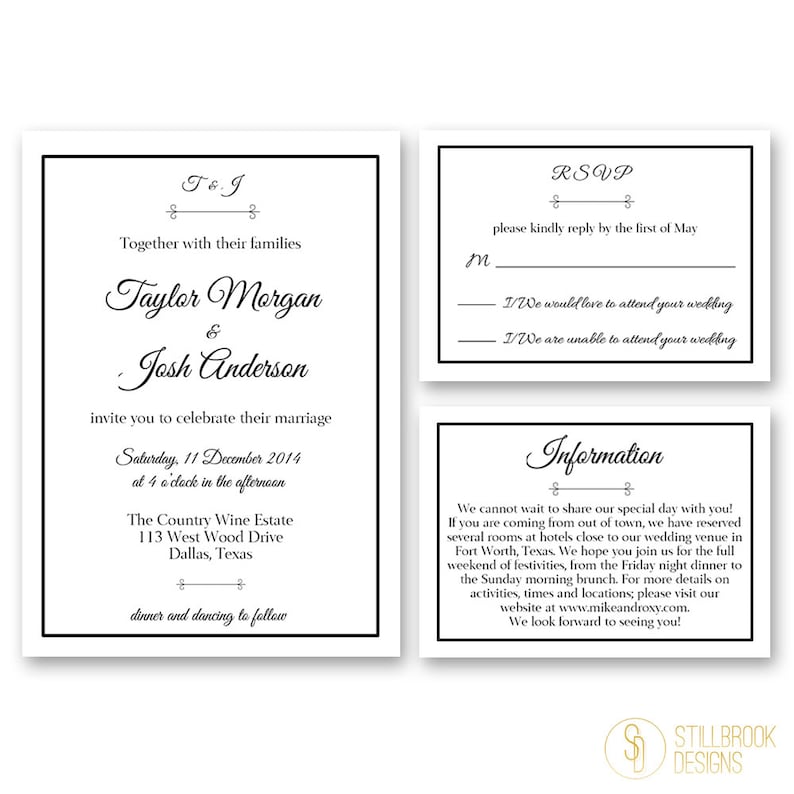 Simple Classic RSVP Reception Card WI04 Monogram Wedding Invitation Traditional Wedding Black /& White Wedding Invite Suite
