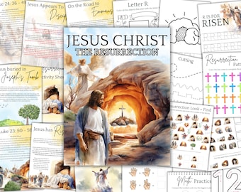 Estudio de la unidad de actividades de Pascua cristiana, historia de la resurrección para niños, versículos bíblicos, colorear, educación en casa, imprimible de la Semana Santa de Jesús, menú de la mañana