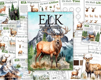 Estudio de la unidad de naturaleza del ELK: ciclo de vida, anatomía, depredadores, imprimibles para la educación en casa, hojas de trabajo de actividades para preescolar y jardín de infantes, colorear, cuaderno de ejercicios