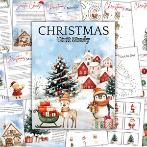 Puede incluir: Una colección de imprimibles educativos con temática navideña. La imagen central presenta una ilustración en acuarela de un árbol de Navidad, un reno, un pingüino y un pueblo. Las páginas circundantes incluyen actividades, decoraciones y cuentas regresivas.