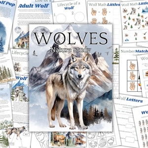 May include: A set of printable educational worksheets featuring a wolf theme. The worksheets include activities such as counting, matching, and coloring. The worksheets are designed for children to learn about wolves and their habitats.
