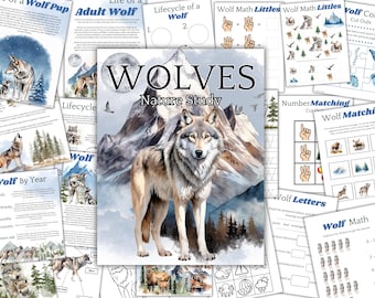 Estudio de la unidad de naturaleza LOBOS, Ciclo de vida del lobo, Anatomía, Depredadores, Imprimibles para la educación en casa, Hojas de trabajo de actividades para preescolar y jardín de infantes, Colorear