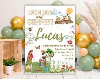 Fiesta de cumpleaños de jardinería - Fiesta de siembra de semillas - Cumpleaños de "Cava y cultiva" - Cumpleaños de la granja - Invitación a fiesta de jardín - Fiesta para niños de 7 años BI01