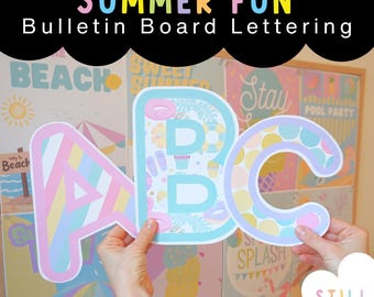 Letras para tablón de anuncios en azul y rosa - Decoración de fin de curso para el aula - Decoraciones de graduación de verano - Letras coloridas de arcoíris imprimibles de la A a la Z