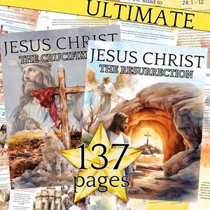 Op de afbeelding: Een collage van afbeeldingen die het verhaal van Jezus Christus uitbeelden, inclusief zijn kruisiging en opstanding. De afbeeldingen zijn geschilderd in aquarel en bevatten een felgele ster met de tekst "137 pagina's".