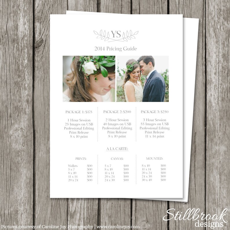 Photography Pricing Sheet Template Price List Guide Wedding Photographer Photo Print Investment Collections PG01 image 1