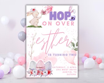 Invitación a fiesta de cumpleaños de Pascua - Segundo cumpleaños - Cumpleaños de conejito - Invitación Hope On Over - Celebración de cumpleaños de niñas - Segundo cumpleaños