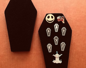 Coffin shaped pin display board, Disney Halloween villain pins universal horror nights