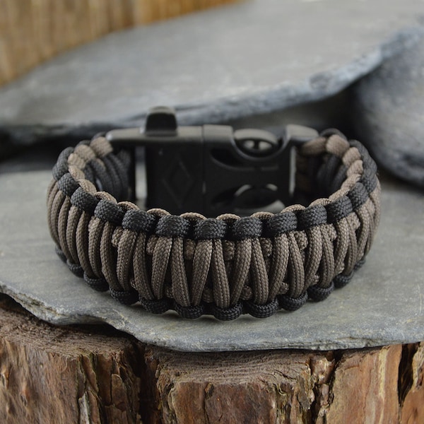 Paracord Survival Bracelet - King Cobra with Fire Steel  in Black & Gun Grey - Handmade In The UK