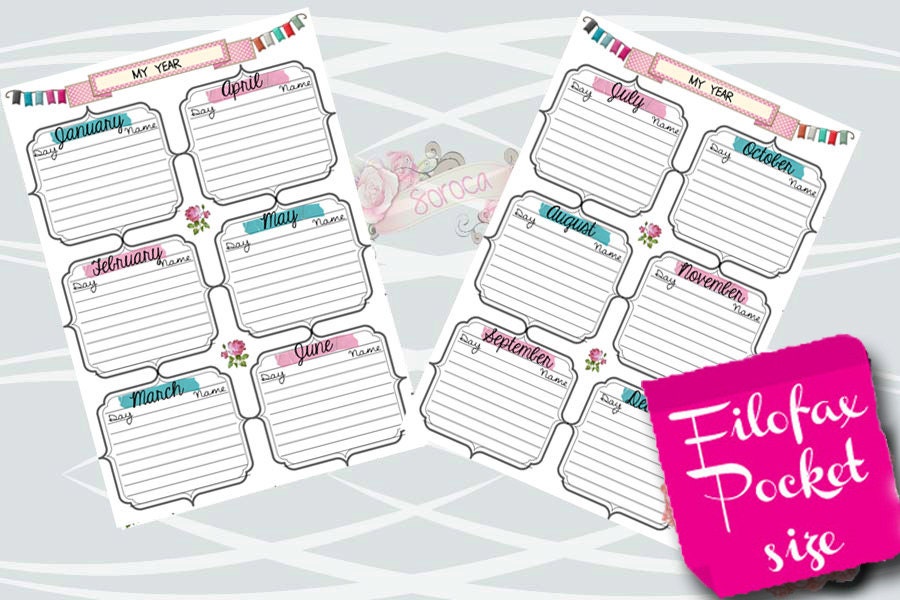 Filofax Pocket Size Printable Year on 2 Pages 2 Insert Pages - Etsy