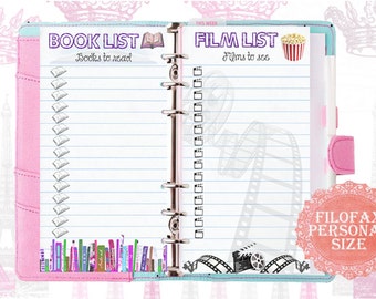 Filofax personal size, books and films list, 2 insert pages cute design, Instant Download!