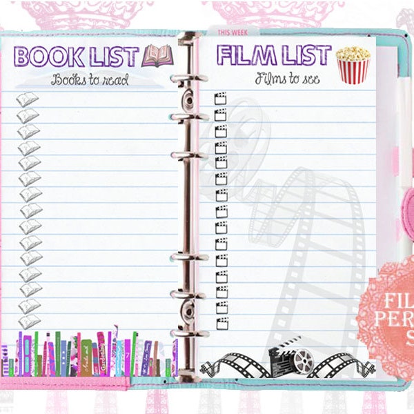 Filofax personal size, books and films list, 2 insert pages cute design, Instant Download!