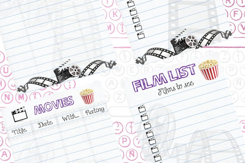 Filofax inserts movies and films list, A5 size, 2 insert pages cute design, Instant Download image 3