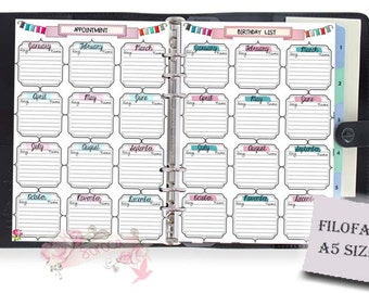 A5 Filofax printable birthday appointment list, 2 insert pages cute design, Instant Download!