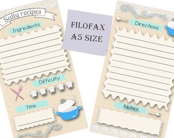 Filofax A5 recipe pages ,insert planner pages,salty recipes, cute designs , Instant Download!