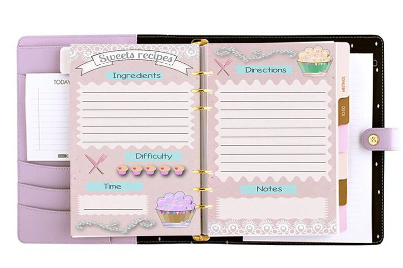 Filofax Pocket Recipe Pages ,insert Planner Pages,sweets Recipes, Cute