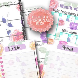 Filofax personal printable kit flower, week, month, to-do and notes,refill, filofax inserts,6 planner pages, Instant Download, PDF!