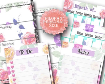 Filofax personal printable kit flower, week, month, to-do and notes,refill, filofax inserts,6 planner pages, Instant Download, PDF!