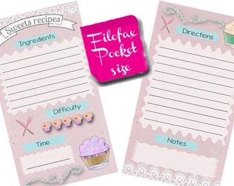 Filofax pocket recipe pages ,insert planner pages,sweets recipes, cute designs lilac, Instant Download!
