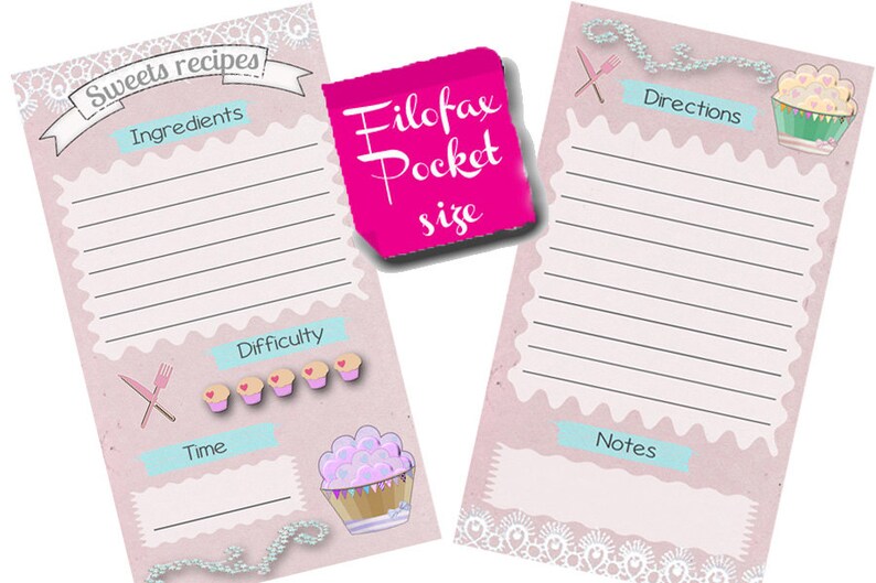 Filofax Pocket Recipe Pages ,insert Planner Pages,sweets Recipes, Cute