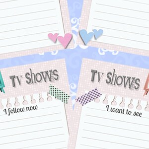 K&ouml;nnte beinhalten: Ein dekorativer TV-Show-Planer mit vier Notizbl&ouml;cken. Jeder Notizblock hat liniertes Papier, eine dekorative Washi-Tape-Ecke und eine Vintage-TV-Grafik. Der Text "TV shows" wird &uuml;ber den Notizbl&ouml;cken angezeigt, mit den Phrasen "I follow now" und "I want to see".