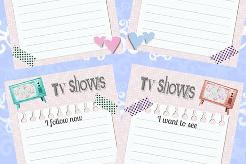 K&ouml;nnte beinhalten: Ein dekorativer TV-Show-Planer mit vier Notizbl&ouml;cken. Jeder Notizblock hat liniertes Papier, eine dekorative Washi-Tape-Ecke und eine Vintage-TV-Grafik. Der Text "TV shows" wird &uuml;ber den Notizbl&ouml;cken angezeigt, mit den Phrasen "I follow now" und "I want to see".