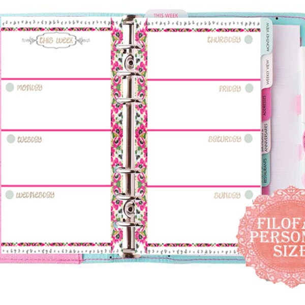 Filofax personal printable week in 2 pages, kit 6 colors, medium planner inserts, inserts refill ,12 planner pages, Instant Download, PDF!