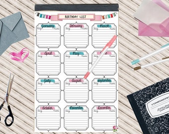 Birthday list  planner printable (A4) cute desigs Instant Download!