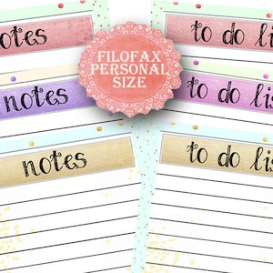 Personal Filofax printable To do list and Notes, 3 colors, 6 insert pages cute design, Instant Download!