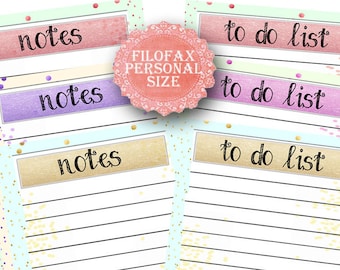 Personal Filofax printable To do list and Notes, 3 colors, 6 insert pages cute design, Instant Download!