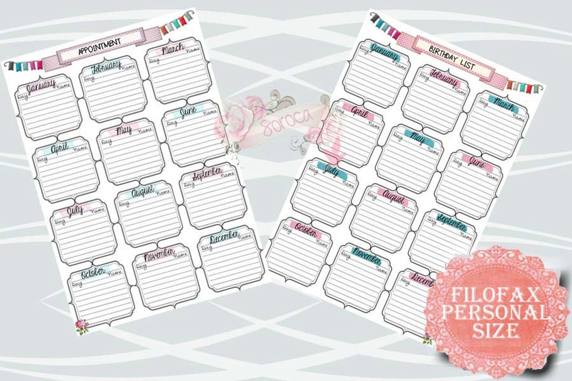 Filofax Personal Size, Printable Birthday Appointment List, 2 Insert ...