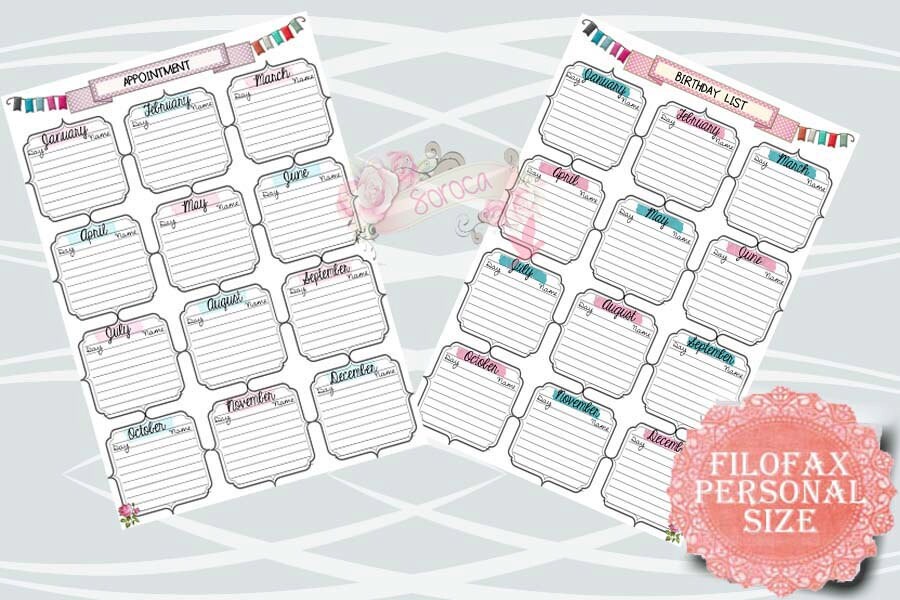 Filofax Personal Size, Printable Birthday Appointment List, 2 Insert ...