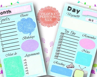 Filofax Personal month and day planner ,insert pages colorful designs,  Instant Download!