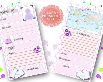 Filofax personal size, penpal inserts , 2 pages insert pages, snail mail , happy mail, penpal record, cute design, Instant Download!